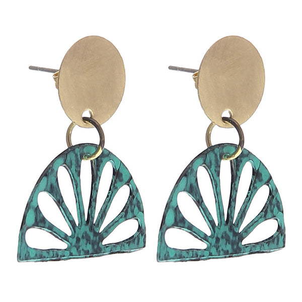 Brass Drop Earrings for Women | Patina Finish | Green & Gold