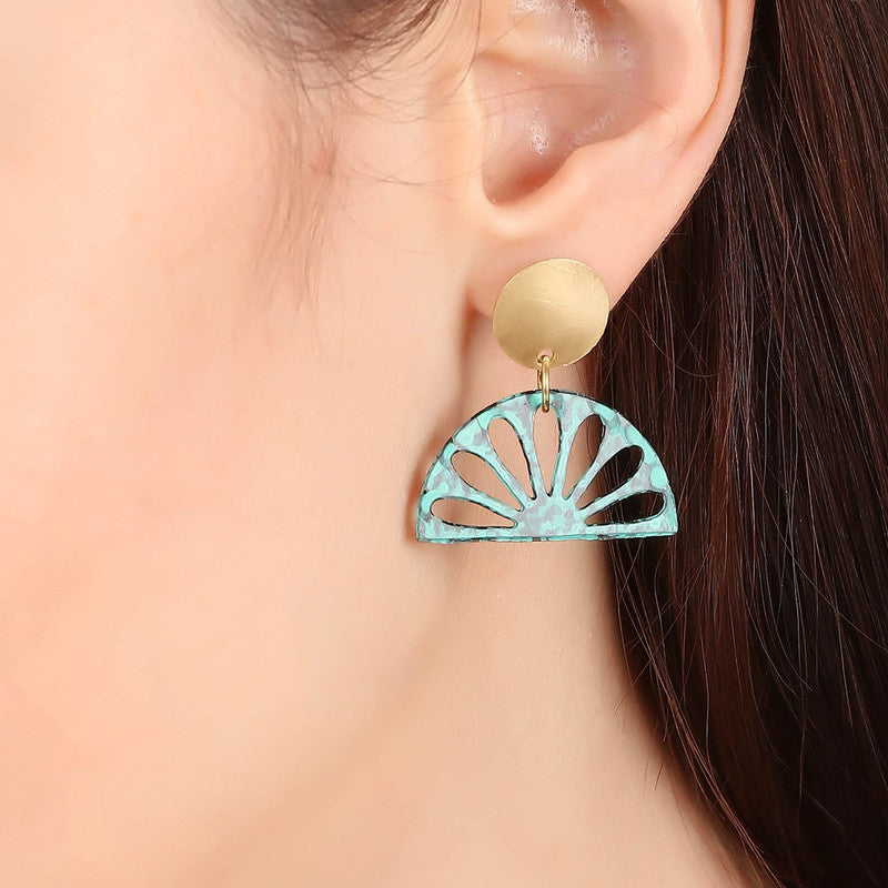 Brass Drop Earrings for Women | Patina Finish | Green & Gold