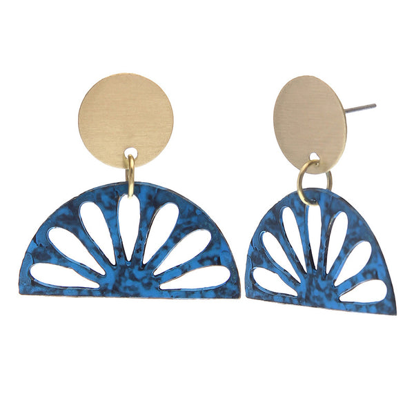Brass Drop Earrings for Women | Patina Finish | Blue & Gold