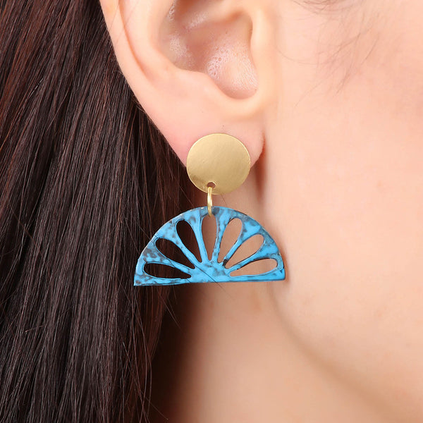 Brass Drop Earrings for Women | Patina Finish | Blue & Gold