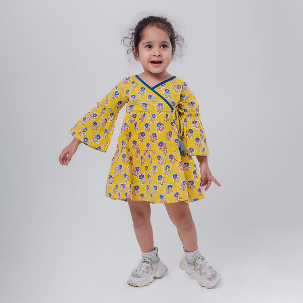 Cotton Dress For Girls | Boota Print | Yellow