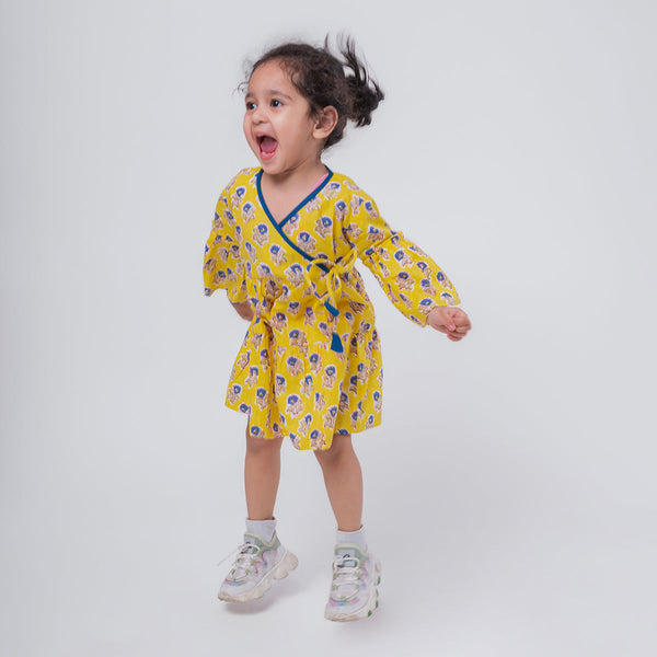 Cotton Dress For Girls | Boota Print | Yellow