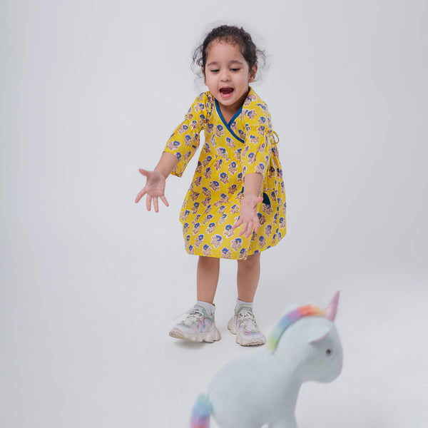 Cotton Dress For Girls | Boota Print | Yellow