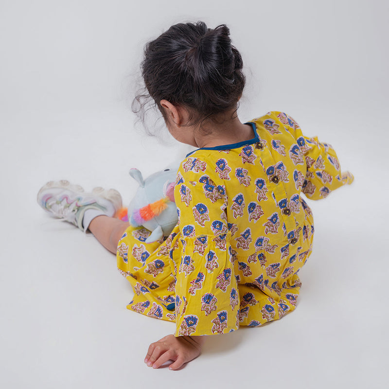 Cotton Dress For Girls | Boota Print | Yellow