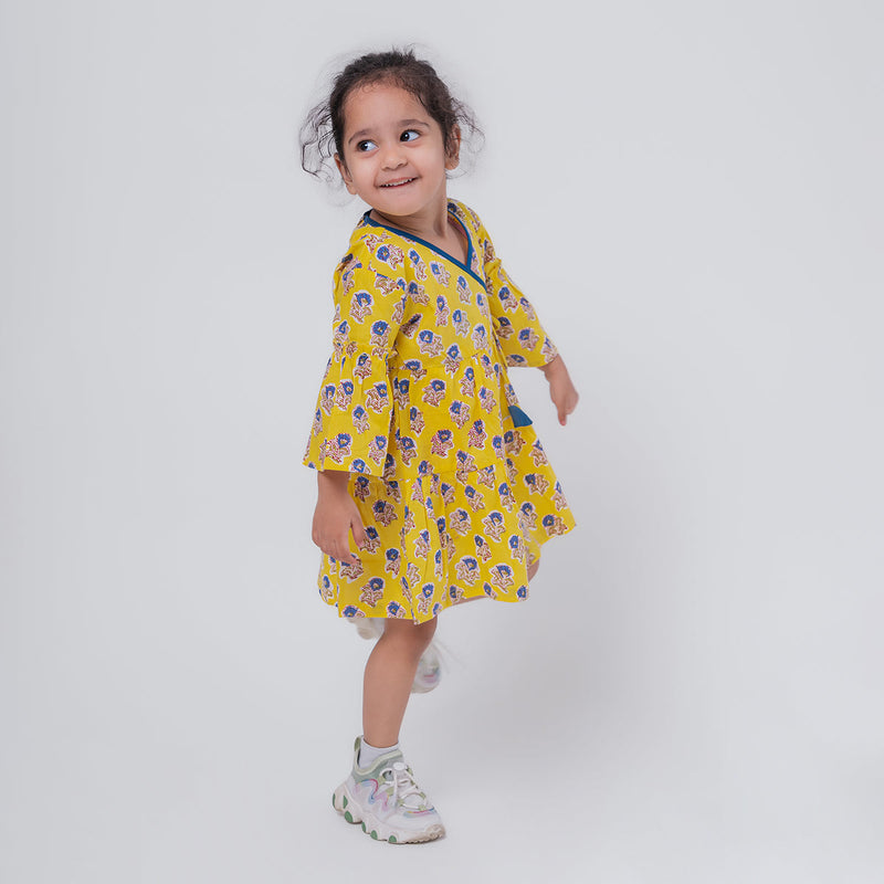 Cotton Dress For Girls | Boota Print | Yellow