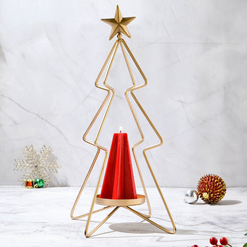 Metal Candle Holder | Christmas Tree Design | Gold | Large