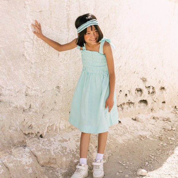 Linen Dress for Girls | Strap Tie Up | Green