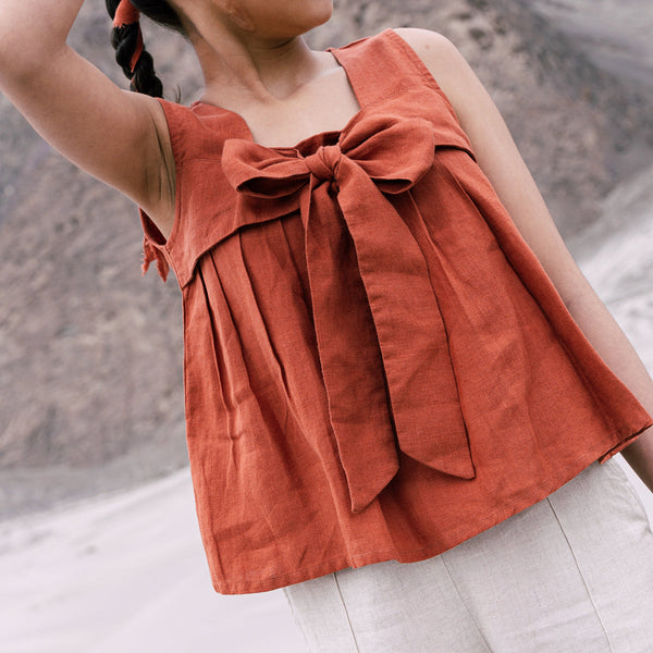 Linen Top for Girls | Bow Tie | Red