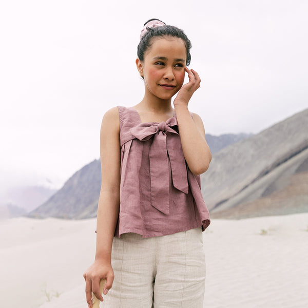 Linen Top for Girls | Bow Tie | Pink