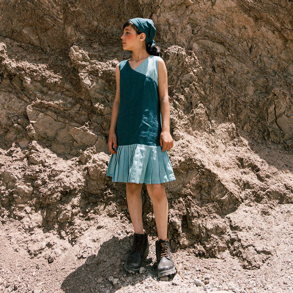 Linen Dress for Girls | Pleated Design | Green