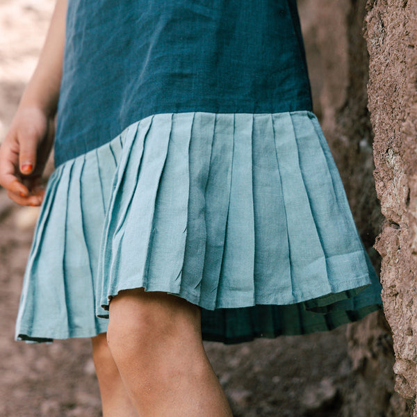 Linen Dress for Girls | Pleated Design | Green