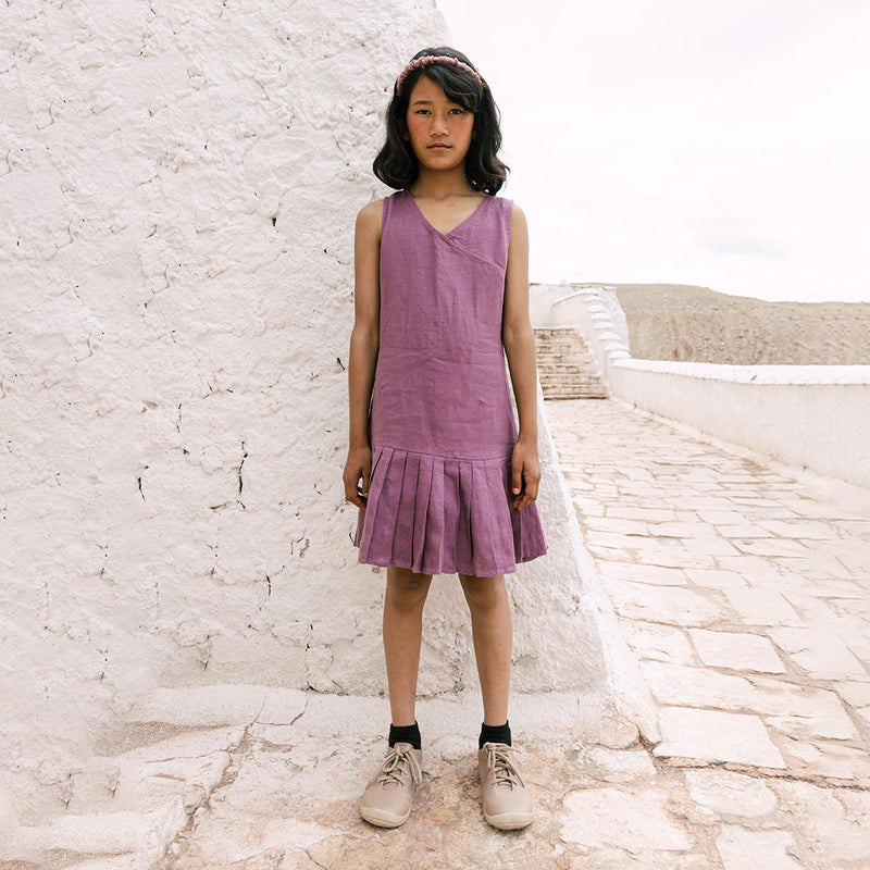 Linen Dress for Girls | Pleated Design | Purple