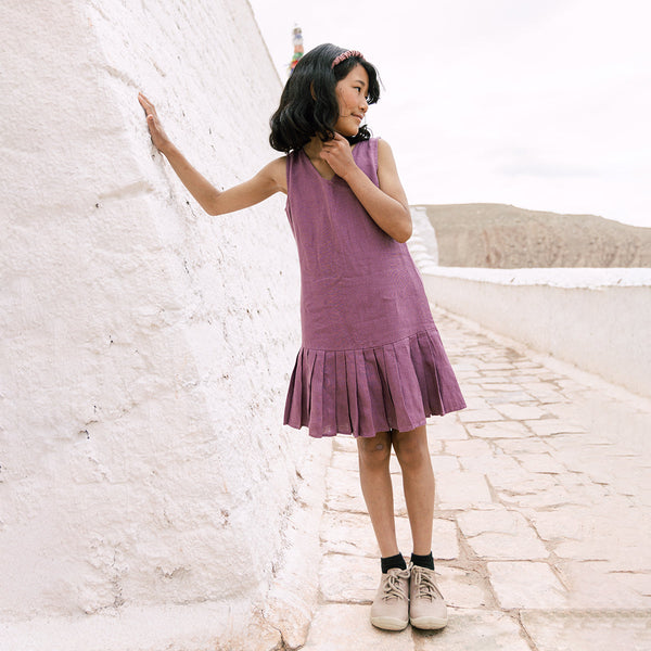 Linen Dress for Girls | Pleated Design | Purple