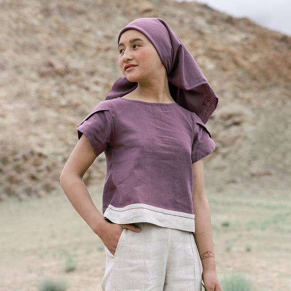 Linen Top for Girls | Leaf Sleeves | Purple
