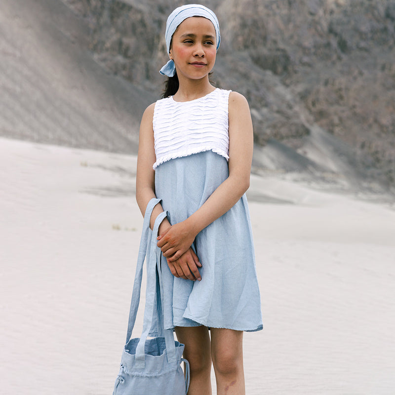 Linen Dress for Girls | Pleated Yoke | Blue