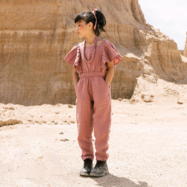 Linen Jumpsuit for Girls | Ruffle Sleeves | Pink