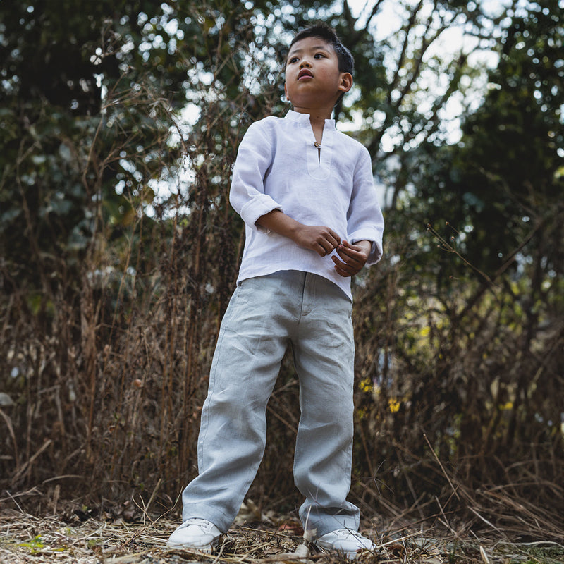 Linen Boys Shirt | Stand Collar | White