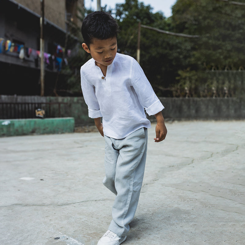 Linen Boys Shirt | Stand Collar | White