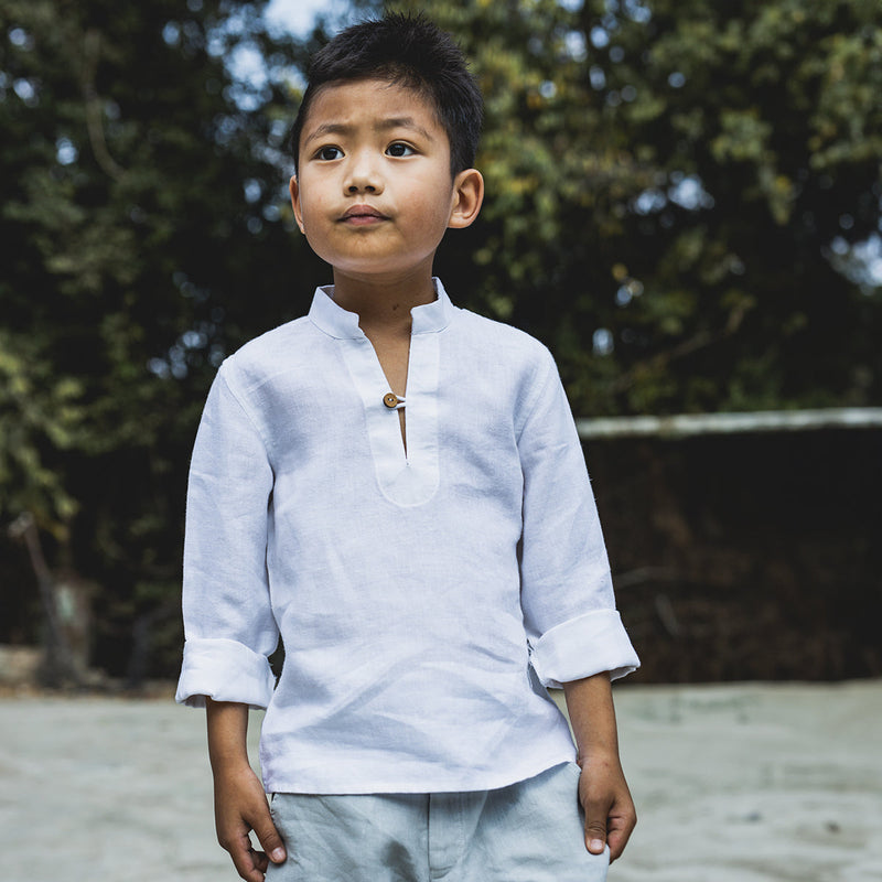 Linen Boys Shirt | Stand Collar | White