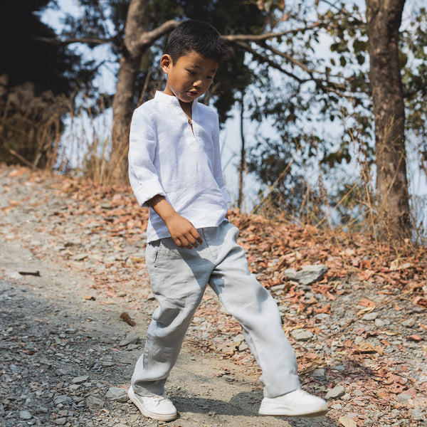 Linen Boys Shirt | Stand Collar | White