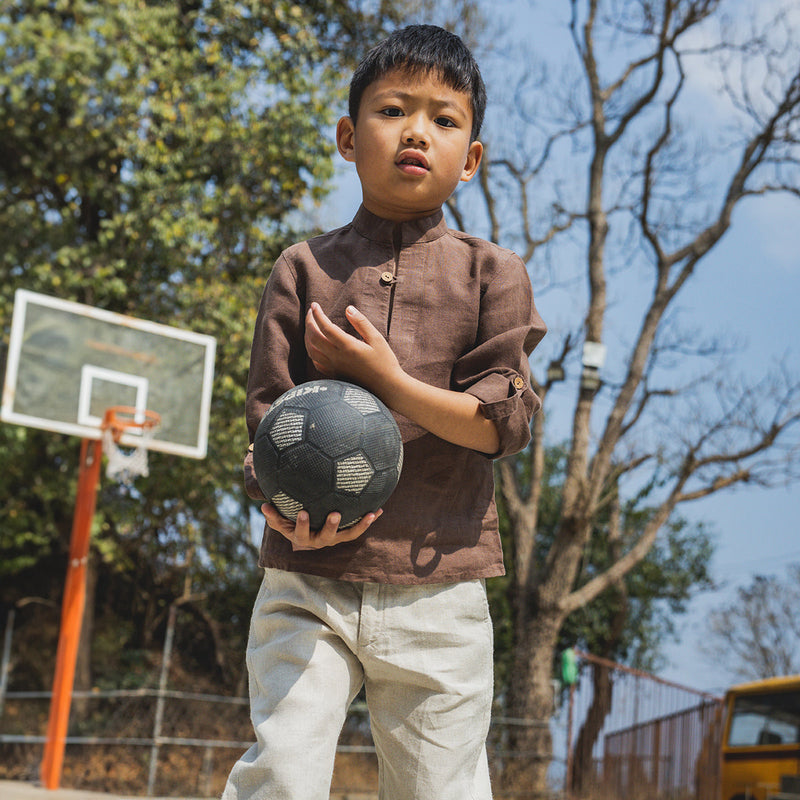 Linen Shirt for Boys | Stand Collar | Walnut Brown