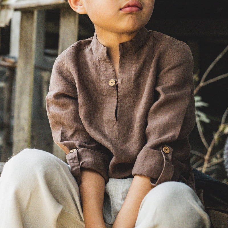 Linen Shirt for Boys | Stand Collar | Walnut Brown