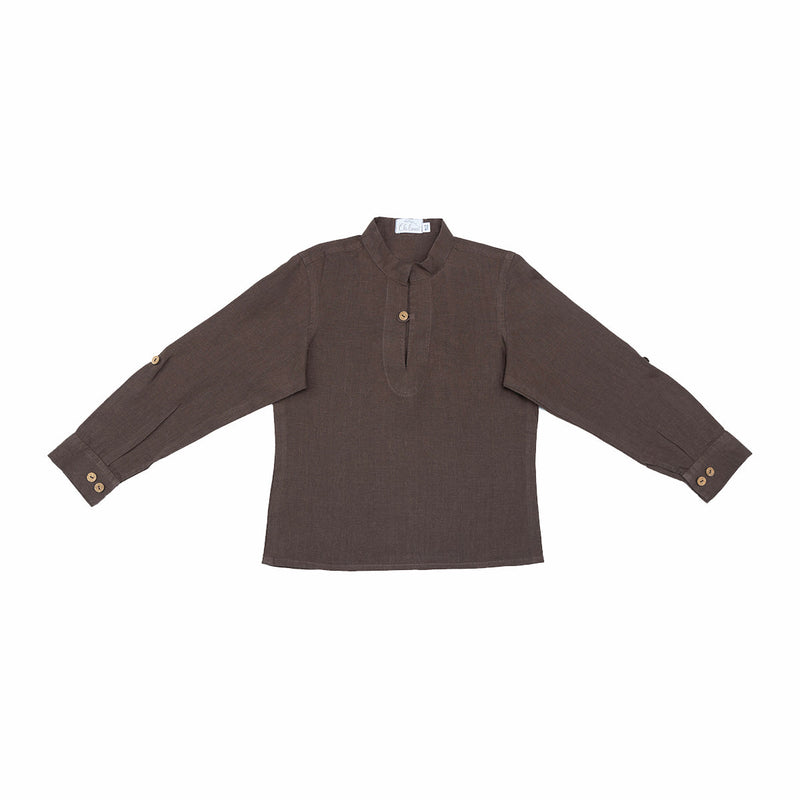 Linen Shirt for Boys | Stand Collar | Walnut Brown