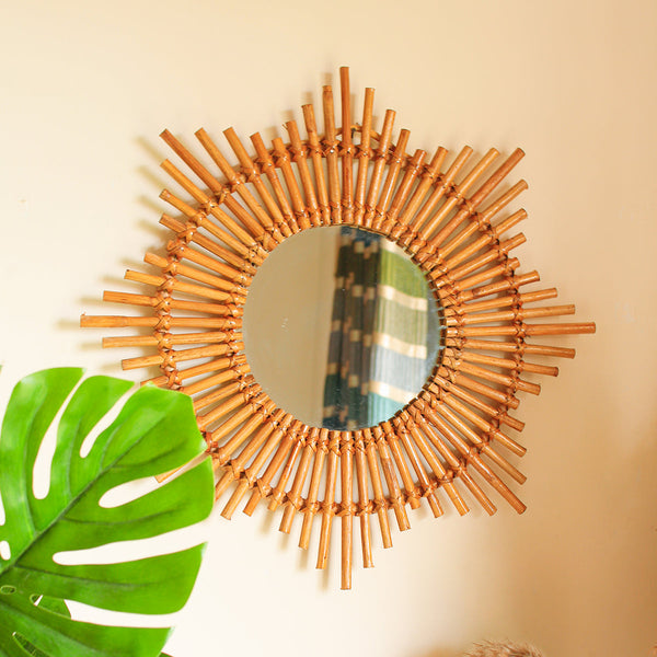 Cane Decorative Wall Mirror | Sun Design | Beige | 43 cm