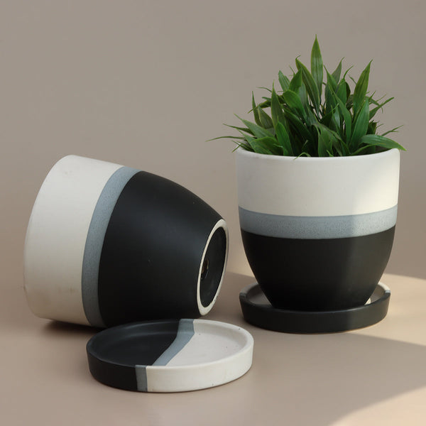 Ceramic Planter Pot | with Drainage Plate | Black-White