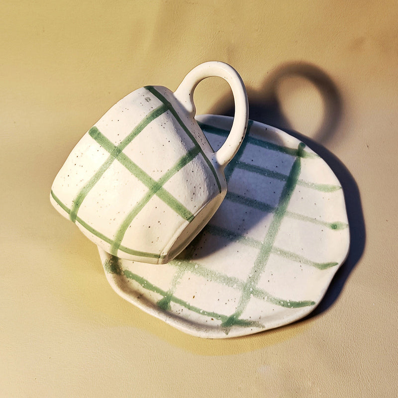 Ceramic Cup and Saucer | White-Green | 220 ml