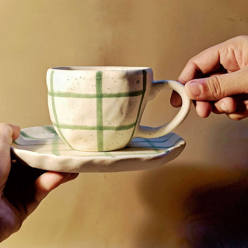 Ceramic Cup and Saucer | White-Green | 220 ml