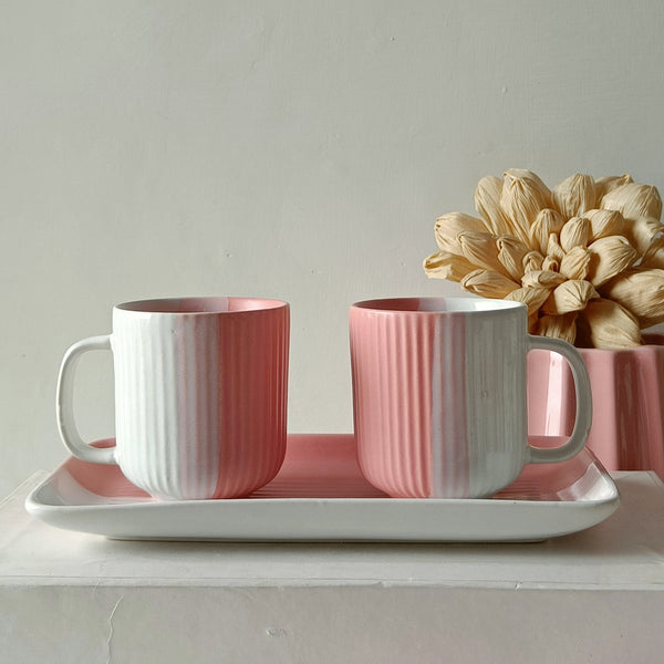 Ceramic Cups and Platter Set | Pink-White | 300 ml