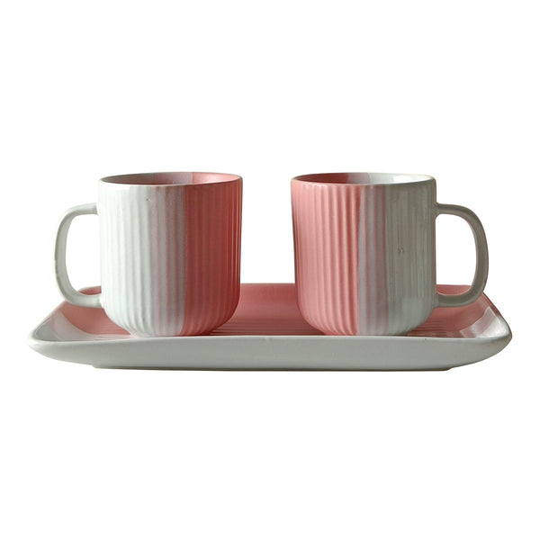 Ceramic Cups and Platter Set | Pink-White | 300 ml
