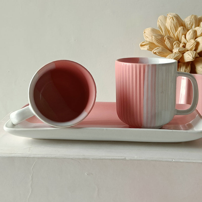 Ceramic Cups and Platter Set | Pink-White | 300 ml