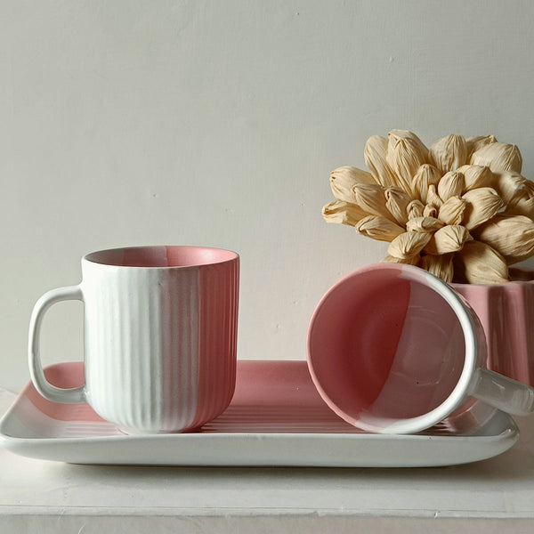 Ceramic Cups and Platter Set | Pink-White | 300 ml