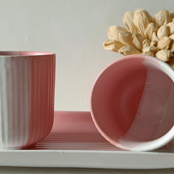 Ceramic Cups and Platter Set | Pink-White | 300 ml