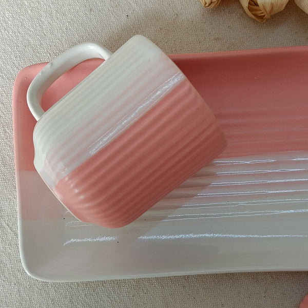 Ceramic Cups and Platter Set | Pink-White | 300 ml