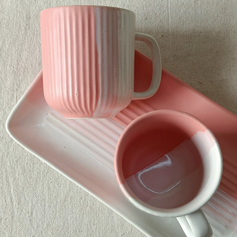 Ceramic Cups and Platter Set | Pink-White | 300 ml