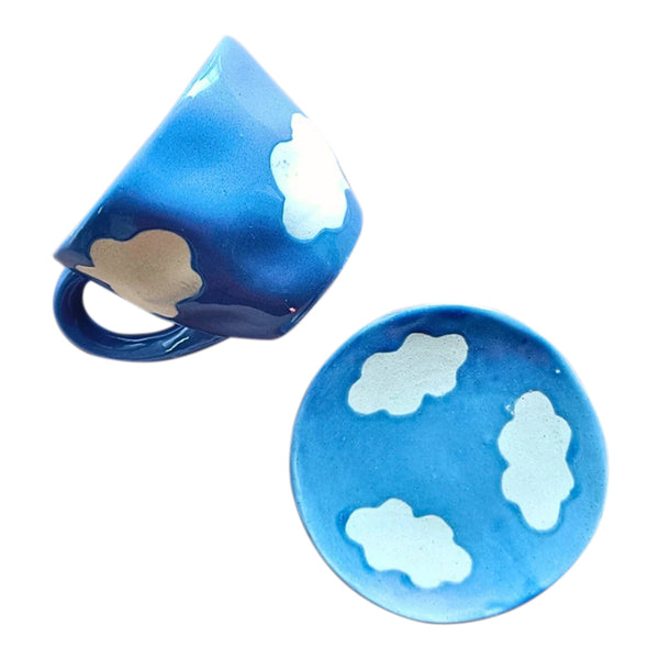 Ceramic Cup Saucer Set | Clouds Design | Blue | 200 ml