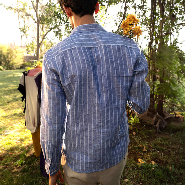 Linen Striped Shirt for Men | Blue | Full Sleeves