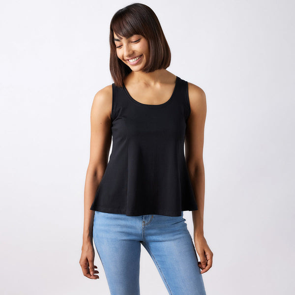 Cotton Flared Top for Women | Sccop Neckline | Carbon Black