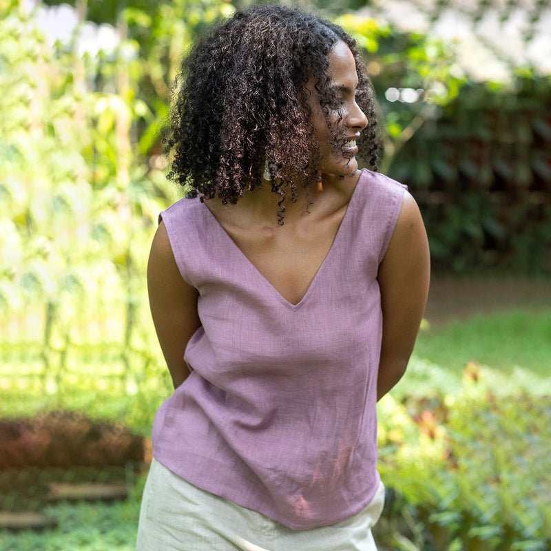 Linen Sleeveless Top for Women | V Neck | Vintage Pink