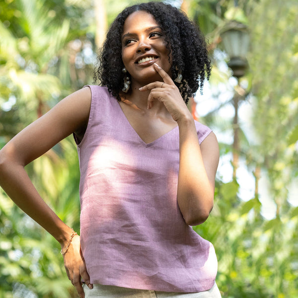 Linen Sleeveless Top for Women | V Neck | Vintage Pink