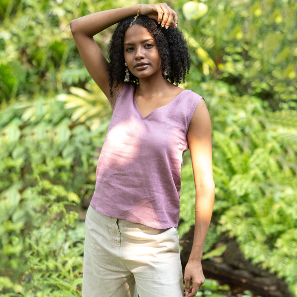 Linen Sleeveless Top for Women | V Neck | Vintage Pink