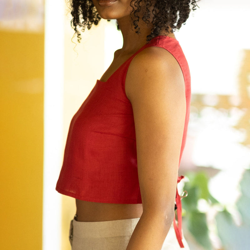 Linen Crop Top for Women | Square Neck | Red