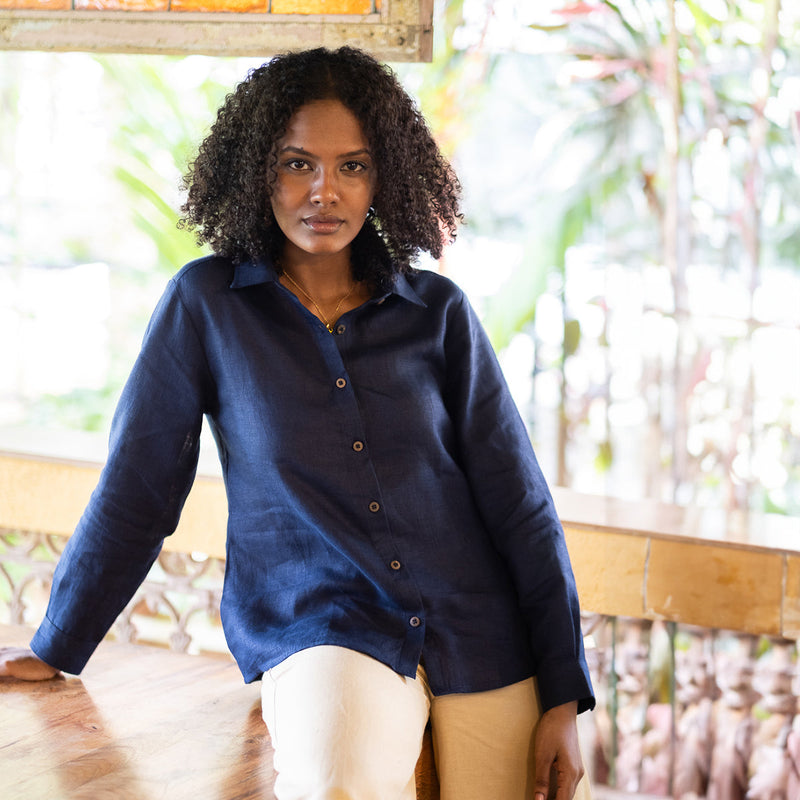 Linen Shirt for Women | Full Sleeves | Navy Blue