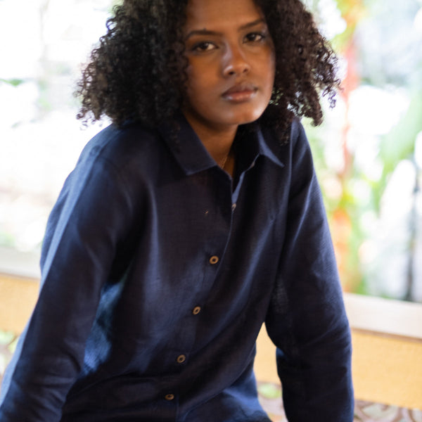 Linen Shirt for Women | Full Sleeves | Navy Blue