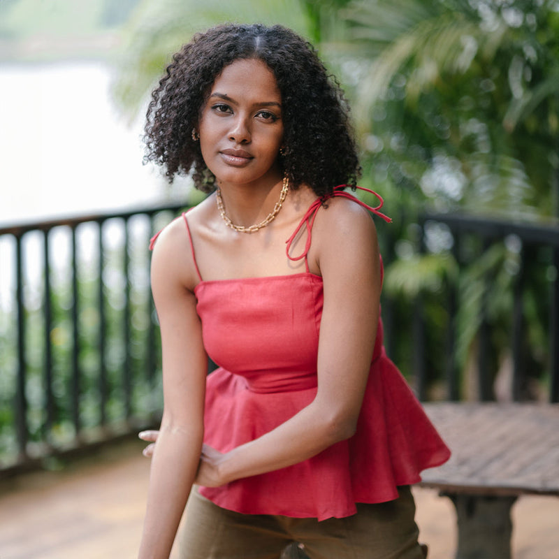 Linen Peplum Top for Women | Red