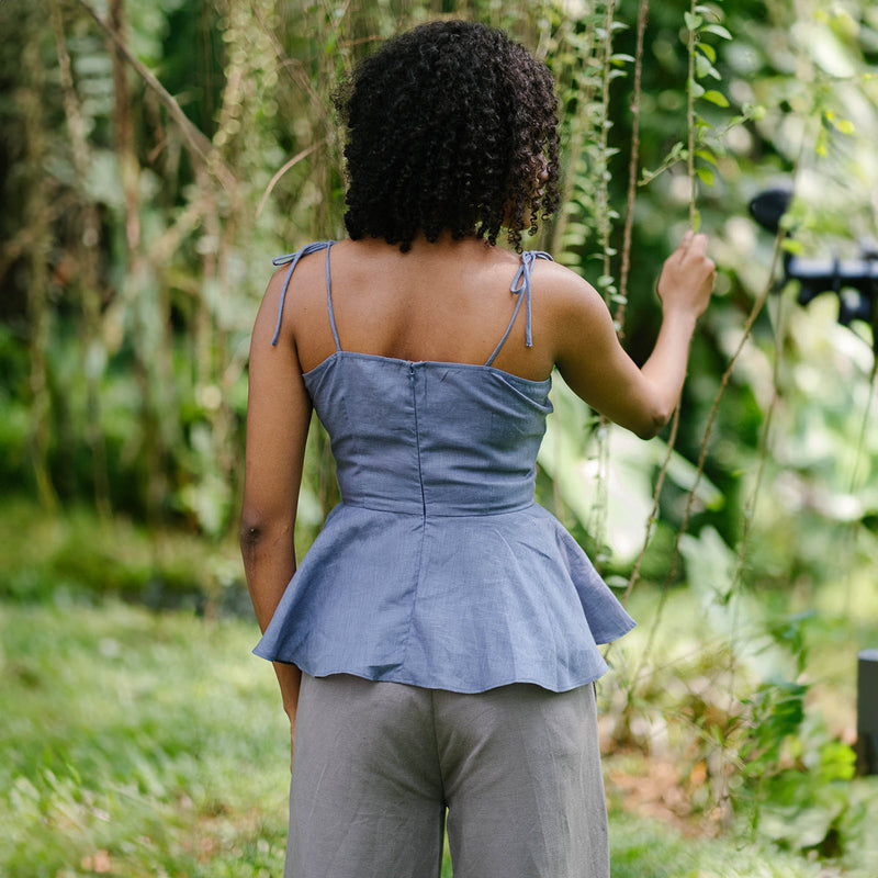 Linen Peplum Top for Women | Blue