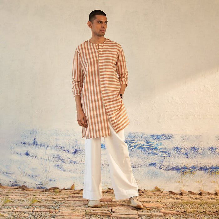 Cotton Long Kurta for Men | Striped | Brown & White